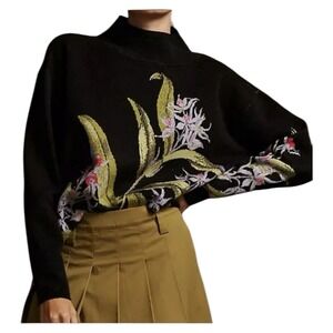 Anthropologie Maeve Carys Sweater Floral Mock Neck Womens Small Black